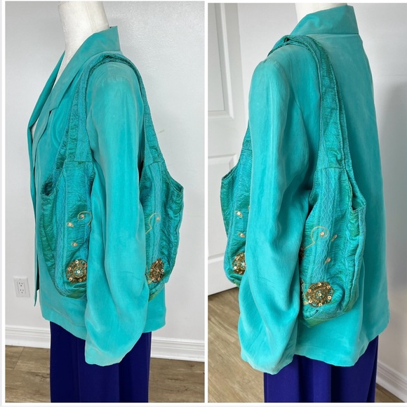 🆕🎁Gold embellished silk-like bright turquoise shoulder purse-vintage-like new - Picture 2 of 16